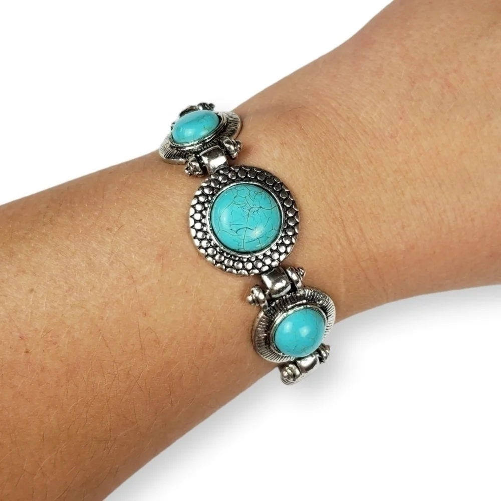 Faux Turquoise Cabochon Bracelet Snake Chain Antiqued Silver Tone Western 7